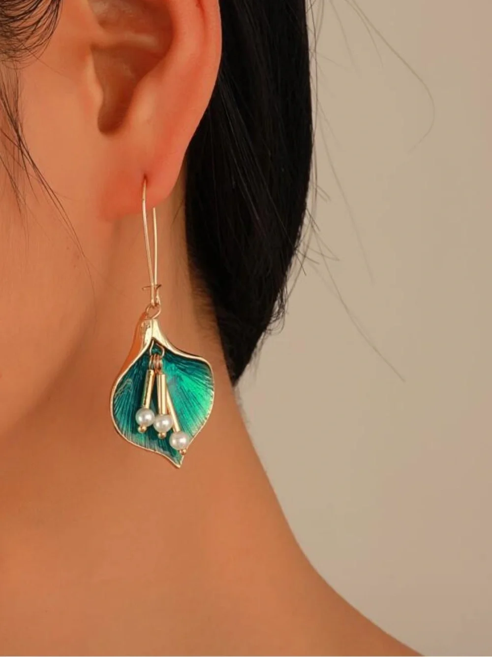 Vintage Gold & Teal Petal Drop Earrings with Pearl Dangles